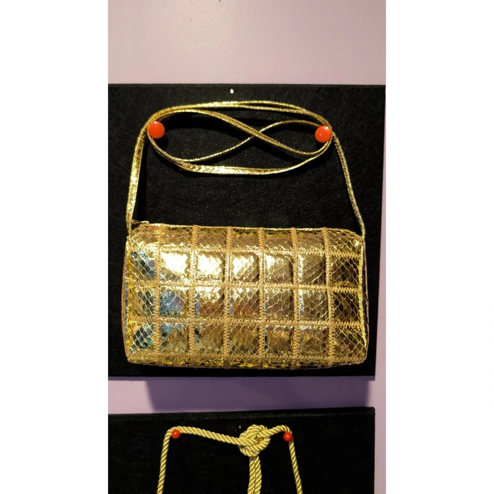 Vintage Lee Sands Gold Genuine Snakeskin Quilted Shoulder Bag 80s Glam Retro